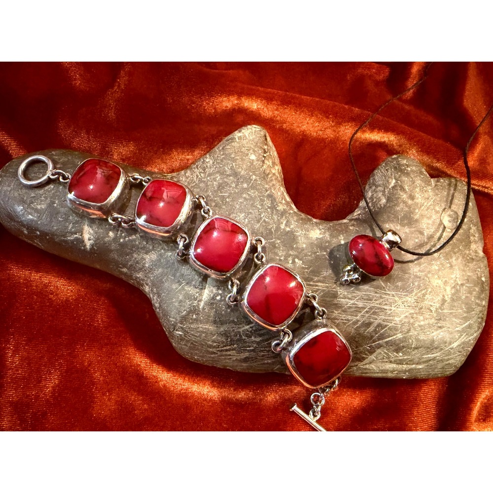 Vintage Mexico 925 Sterling Silver Red Jasper Link Toggle Bracelet 7.25"